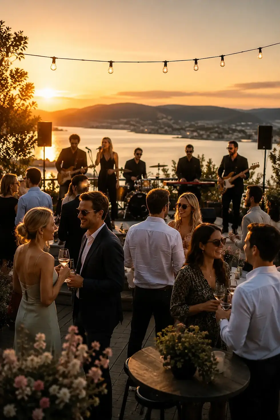 Profesjonelt liveband spiller under en eksklusiv sommerfest på takterrasse ved solnedgang, mens gjestene mingler og nyter levende musikk med utsikt over sjøen. Perfekt for firmafest, kickoff og sommerarrangement.