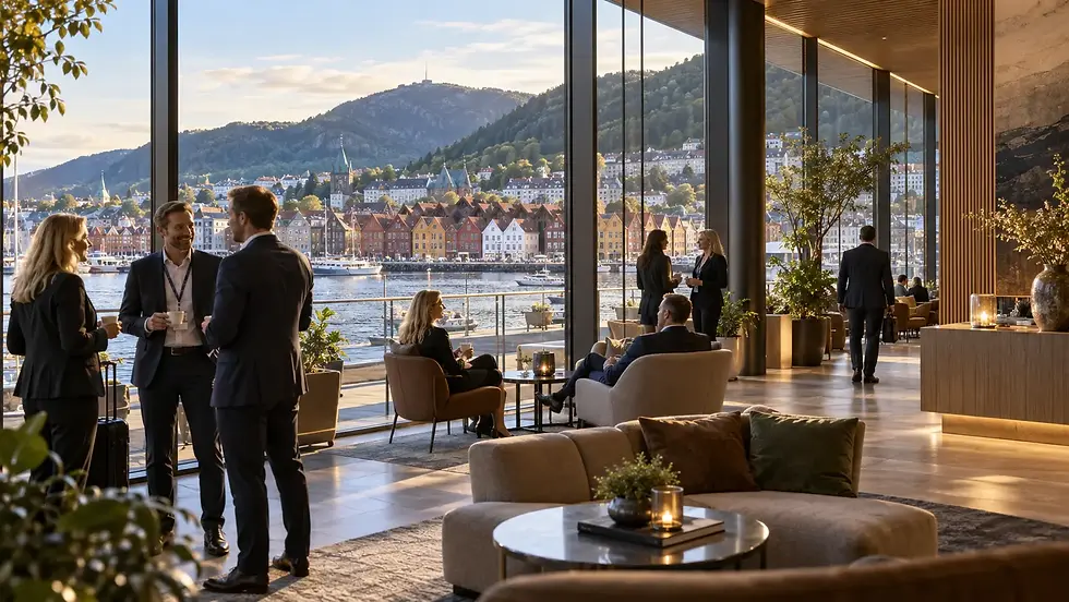 Konferansegjester i Bergen med utsikt mot Bryggen, Vågen og Fløyen