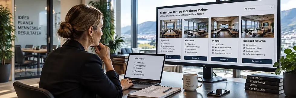 Rådgiver sammenligner møterom og møtelokaler etter kapasitet og fasiliteter i Norge