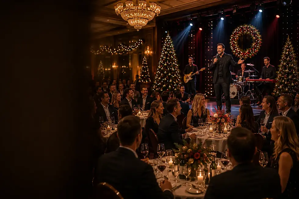 Standupkomiker og liveband under julebord med businesspublikum ved runde bord i elegant hotell- og eventlokale med varm julebelysning
