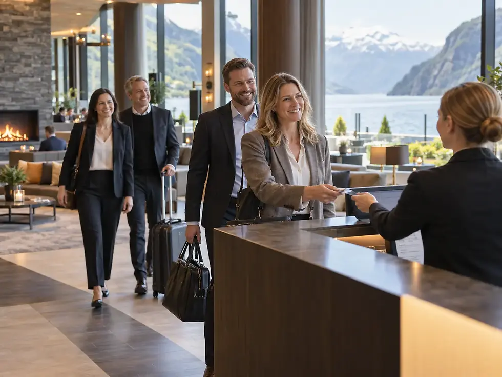 Bedriftsgjester sjekker inn på konferansehotell i Norge før konferanse med overnatting