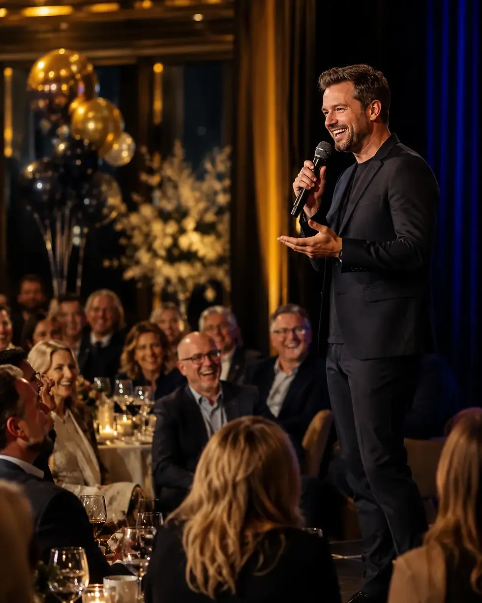 Standupkomiker underholder publikum under et jubileum i elegant selskapslokale