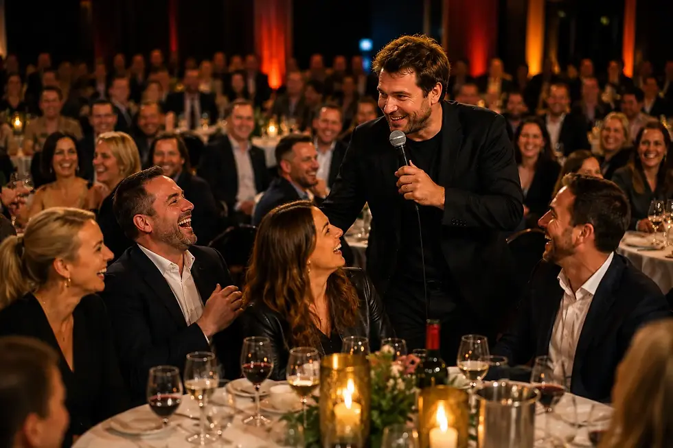 Standup til firmafest, konferanse og julebord i Norge. Komiker med mikrofon skaper latter og engasjement blant bedriftspublikum.