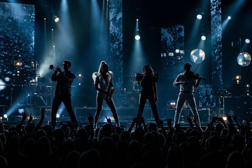 Liveartister på scenen med scenelys og publikum – underholdning til julebord i Bergen