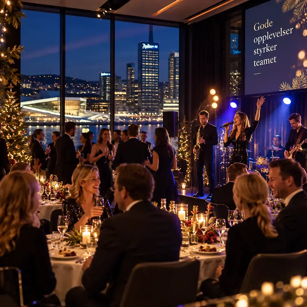 Julebord og firmafest med levende underholdning i Oslo og Radisson Blu Plaza i bakgrunnen