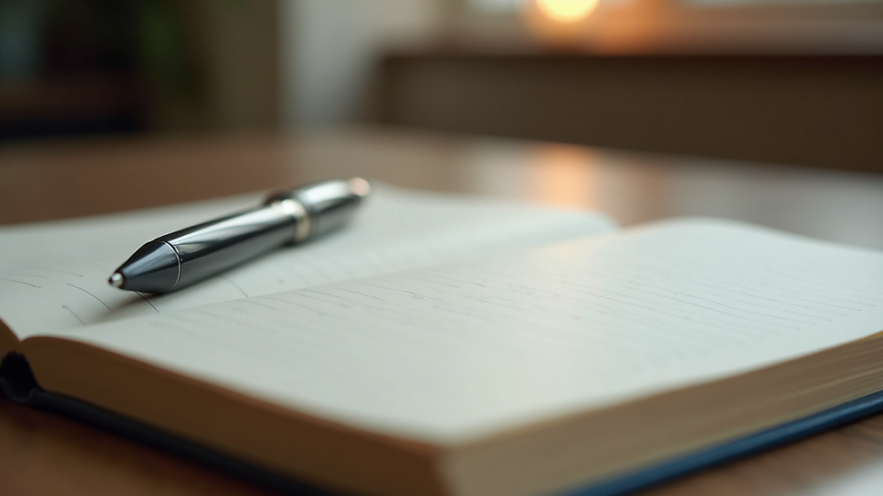 Close-up view of a journal and pen on a wooden table, symbolizing reflection and growth