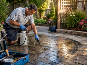Technician applying sealant on residential pavers