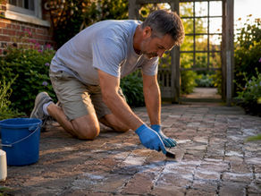 Technician cleaning efflorescence on pavers