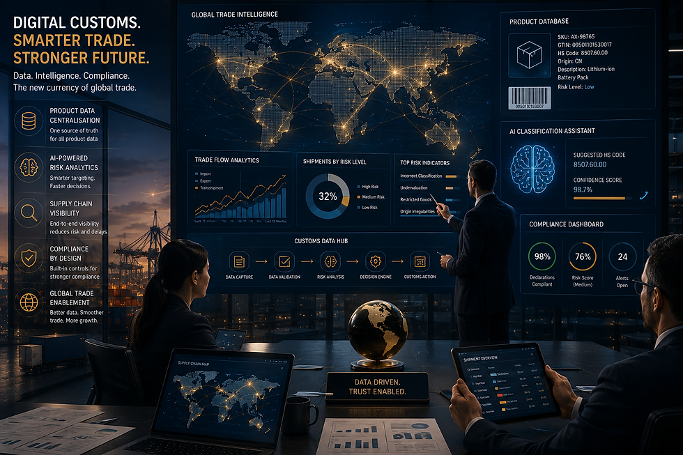 Executives review futuristic customs dashboards with world map, charts, and product database on blue screens.