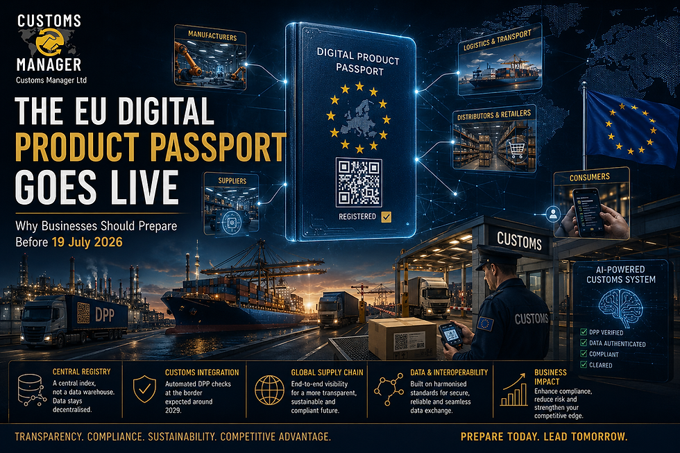 Infographic poster for EU Digital Product Passport going live, with customs officer, ships, trucks, QR code, and EU flag.
