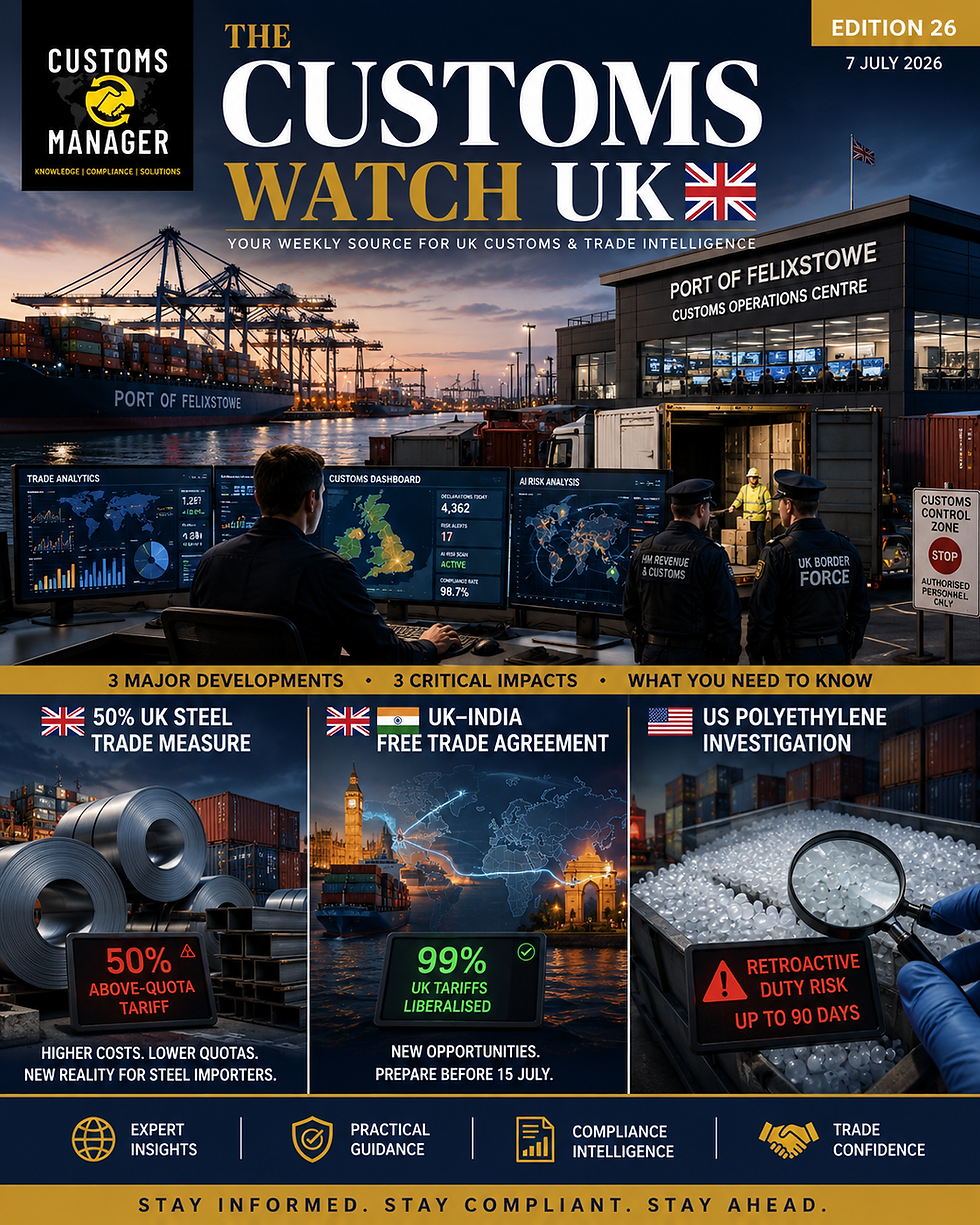 Customs Watch UK cover with Felixstowe port, officers at monitors, containers, and trade alerts on steel, India deal, polyethylene.