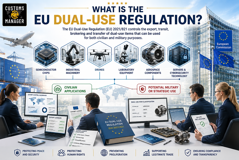 Infographic on EU dual-use regulation with trade, drones, chips, lab gear, servers, and officials reviewing export licenses.