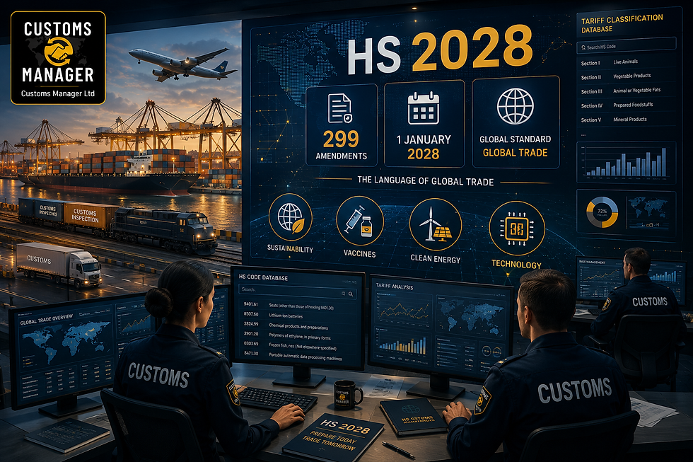 Customs officers monitor HS 2028 trade dashboards in a port office, with cargo ship, airplane, and tariff database screens.