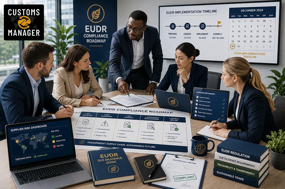 Business team discusses EUDR compliance roadmap in a modern office, with deadline calendar, laptops, and documents.