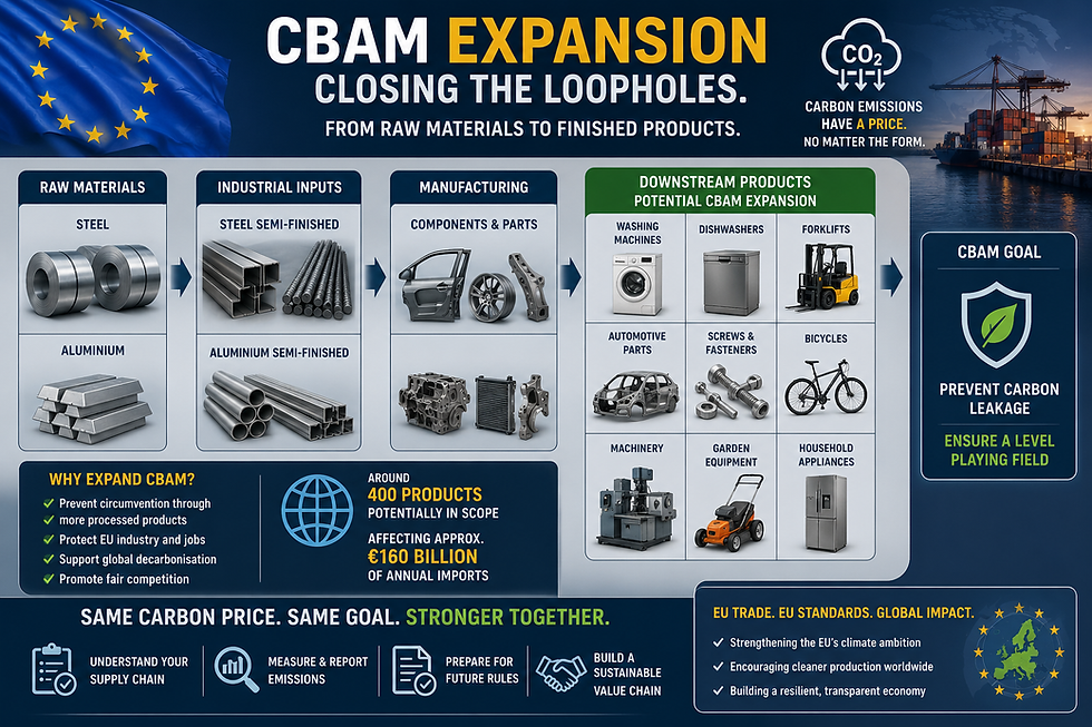 EU CBAM expansion infographic showing steel, manufacturing and downstream products, with arrows, cranes, CO2 icon and policy text.