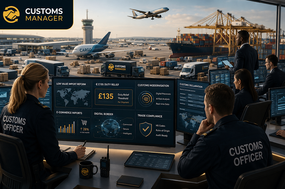 Customs officers monitor cargo airport screens showing £135 duty relief, trade compliance, and Customs Manager at a busy port.
