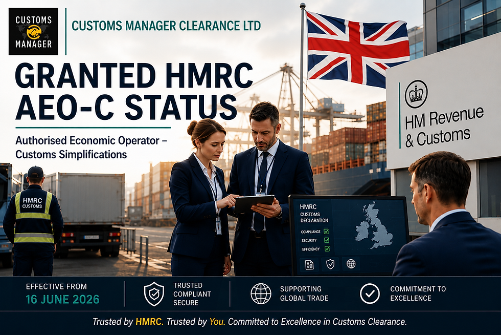 Promotional customs scene with three suited workers at a port, UK flag, HM Revenue & Customs sign, and GRANTED HMRC AEO-C STATUS text