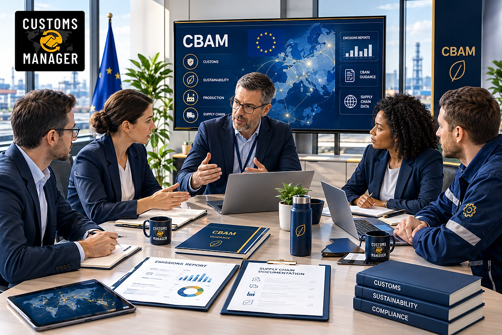 Team meeting on CBAM customs compliance in a modern office, with a presenter, laptops, reports, and a large CBAM dashboard.