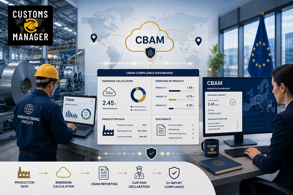 Customs manager and factory worker review CBAM compliance dashboards in a warehouse office with EU flag and emissions data.