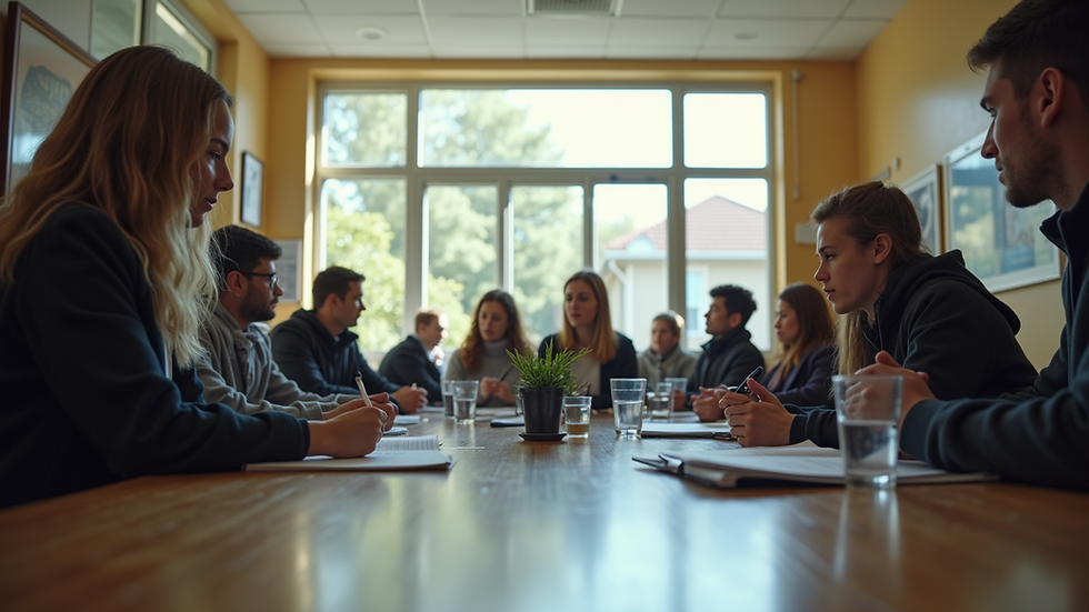 Eye-level view of a university common room with students studying and chatting