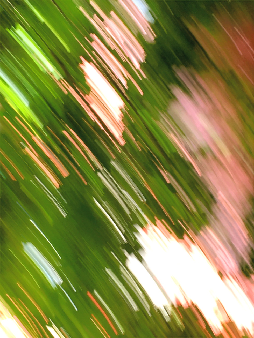 Blurry photo of pink, green and white slashes.