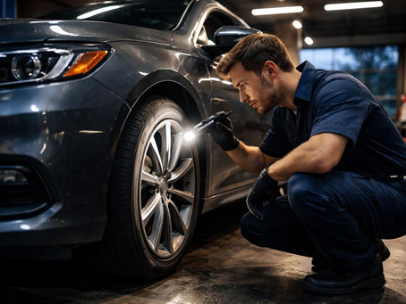 Mechanic inspecting tire sidewall damage after a curb hit in Richmond.