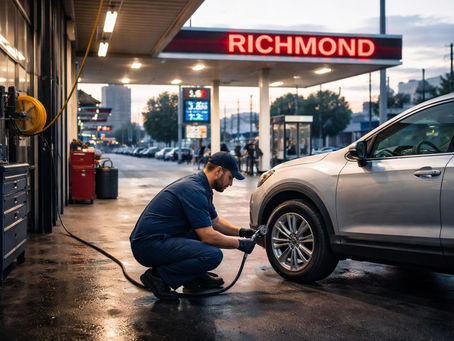 Mechanic checking SUV tire pressure during a cool Richmond morning before commute traffic.