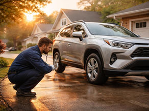 Mechanic checking a Richmond driver’s front tire at sunrise for cold-start road noise before the morning commute.