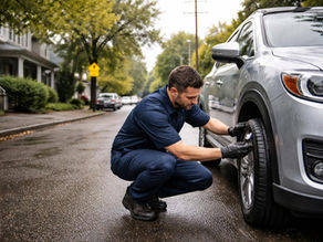 Mechanic checking tire tread on an SUV near a Richmond school-zone street on a damp morning.