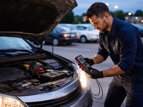 Auto technician testing battery and charging system on a car with dim headlights in Richmond.