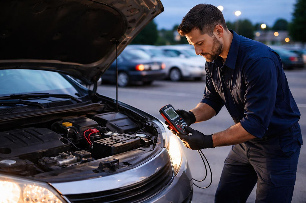 Auto technician testing battery and charging system on a car with dim headlights in Richmond.