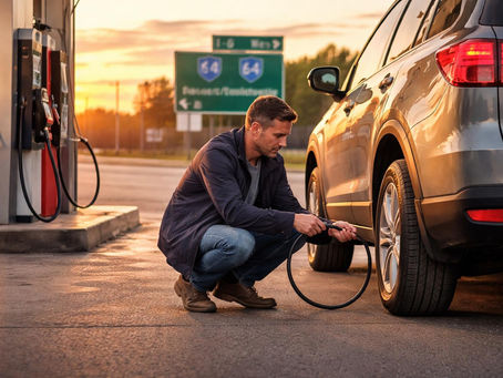 Driver checking SUV tire pressure at a Richmond gas station before a weekend highway trip.