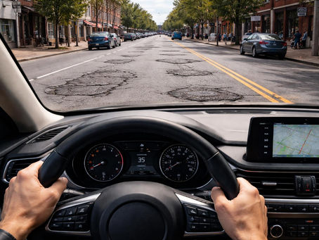 Driver view of a slightly off-center steering wheel on a patched Richmond road.