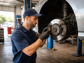 Technician inspecting brake pads and rotor on a Richmond commuter car during a lunch-break service visit.