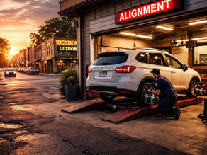Vehicle in a Richmond alignment bay after pothole-related steering pull symptoms.