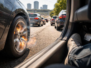 Car in Richmond stop-and-go lunch traffic where brake fade warning signs are being checked.