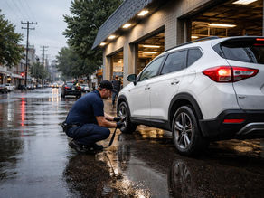 Mechanic in Richmond checking tire pressure on an SUV during a rainy morning to reduce hydroplaning risk.