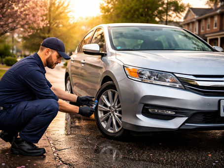 Mechanic checking tire tread depth on a commuter car in Richmond before a rainy morning drive.