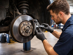 Technician inspecting brake pad thickness on a delivery vehicle in Richmond.