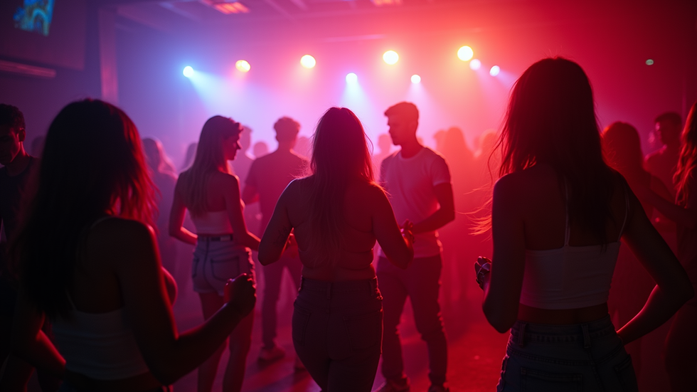 Eye-level view of a vibrant dancehall party with people dancing energetically