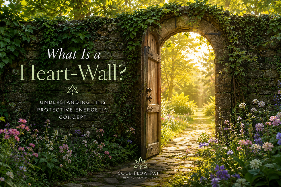 Illustration of an ancient stone wall covered in ivy with a wooden gate standing slightly open, revealing a sunlit flower-lined path beyond. Created for the Soul Flow Path article "What Is a Heart-Wall?", symbolising protection, healing and emotional growth.