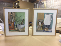 Student drawings window mounted in natural wax oak frame