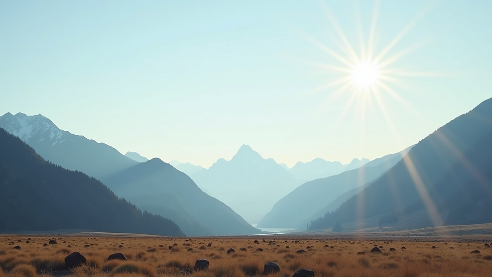 Wide angle view of a serene landscape with mountains and a clear sky
