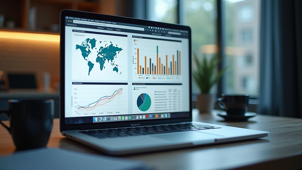 High angle view of a laptop displaying analytics graphs and charts