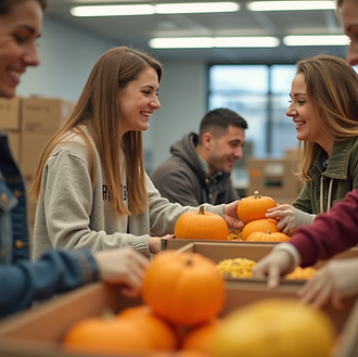 A-group-of-volunteers-smiling-and-packing-food-boxes-with-thanksgiving-elements-like-pumpk