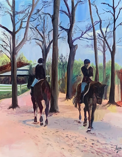 Tableau original unique:
Deux cavaliers en tenue d'équitation se croisent sur leur chevaux à la robe foncée. Ils se déplacent sur un sol sableux d'un camaieux de rose .Ils portent chacun un pantalon couleur jean clair , comme le bleu du ciel. C'est encore l'hiver , de grands arbres sans feuillage habillent la moitié supèrieure de la toile . Derrière les arbres a droite on devine un bâtiment à la toiture métallique blanche avec de grandes baie vitrées. A gauche, une barrière en bois blanc longe le bâtiment.
Unique original painting:
Two riders in riding gear pass each other on their dark-coated horses. They move across sandy ground in shades of pink. They each wear light-colored jeans, the same blue as the sky. It is still winter; large, leafless trees cover the upper half of the canvas. Behind the trees, to the right, one can make out a building with a white metal roof and large bay windows. To the left, a white wooden fence runs alongside the building.