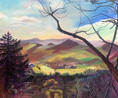 Peinture à l'huile d'un Paysage de montagnes en Suisse à LAUFELFINGEN. Au premier plan, en plein coeur de la forêt alpine une famille de biches se repose sous un epicea; l'une d'elle se nourrit de baies ; la lumière qui vient d'en face pénètre jusqu'au coeur de la forêt.
au second plan , la ville , puis les montagne au loin. Le vert des vallées se mêle au violet et grenat de leurs ombres : au delà , un ciel baigné de lumière d'un soleil invisible .
depuis la droite , la branche d'un arbre s'étend vers le centre de la toile pour essayer de toucher un soleil insaisissable .
An oil painting depicting a mountain landscape in Laufelfingen, Switzerland. In the foreground, deep within the alpine forest, a family of hinds rests beneath a spruce tree; one of them feeds on berries from small shrubs, while light streaming from the front penetrates deep into the heart of the woods.
In the middle ground lies the town, followed by the mountains in the distance. The green of the valleys blends with the violet and garnet hues of their shadows; beyond them stretches a sky bathed in the light of a sun that is felt rather than seen.
From the right, a tree branch reaches toward the center of the canvas, as if striving to touch an elusive sun.