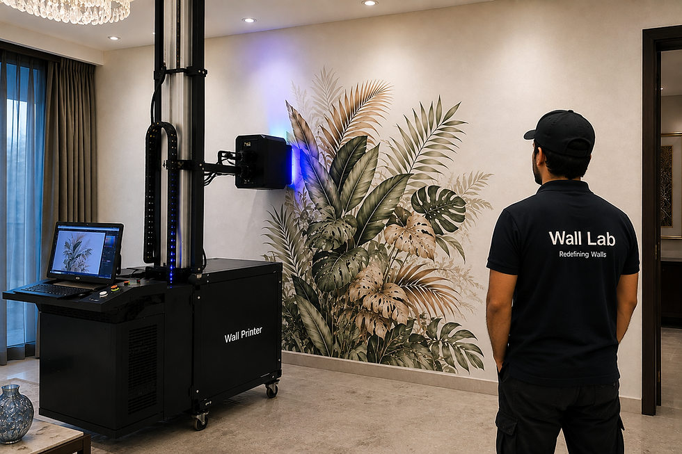 Wide landscape photo of a Wall Lab technician operating a tall vertical wall printer that is printing a large tropical leaves mural directly onto an interior wall, with chandelier and curtains in the room, landscape aspect ratio.