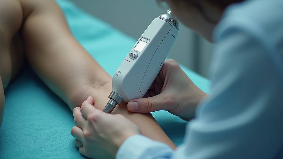 Eye-level view of a medical professional applying radiofrequency treatment to an upper arm