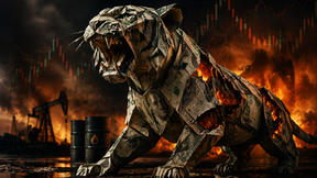 realistic conceptual image of a paper tiger made of US dollar texture, partially torn or burning, with subtle background of oil barrels, fire and financial charts, dark dramatic lighting, high detail, horizontal composition